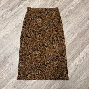 Briggs‎ Petite Brown Paisley Pencil Midi Skirt 8P Stretch Back Slit 90's Boho